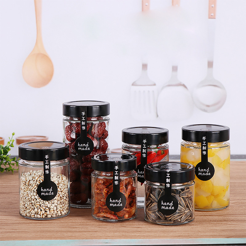 现货圆形高盖透明柠檬蜂蜜玻璃瓶直筒果酱酱菜瓶罐头杂粮储物罐子