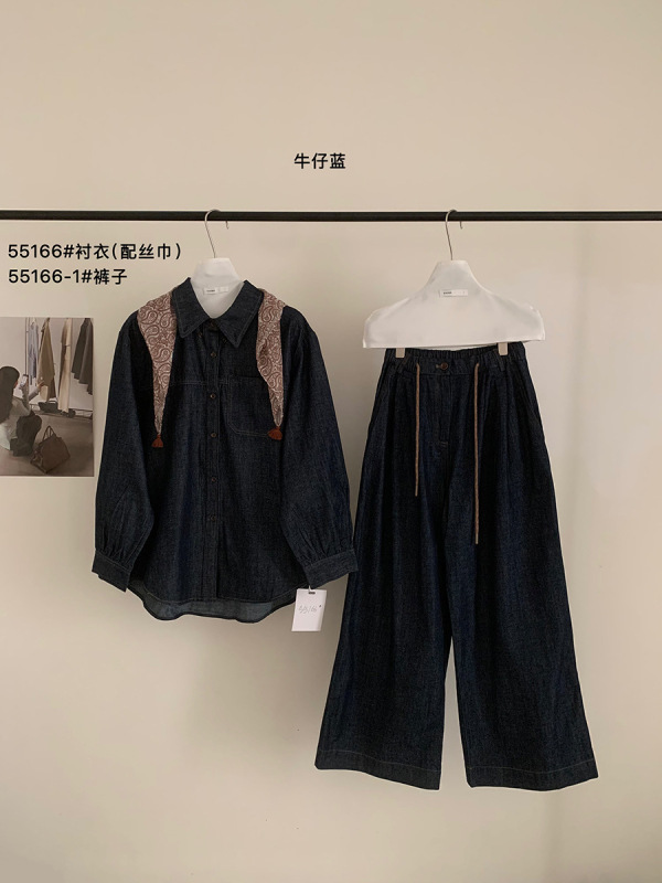 THINK十三行时髦精收！牛仔套装女25牛仔衬衫松紧腰裤子（配丝巾|undefined