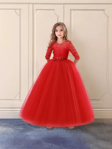 Girls' Bow Puffy Skirt Flower Girl Wedding Dress Children's Dress Girl's Dress Princess Three-Quarter Sleeve Dress