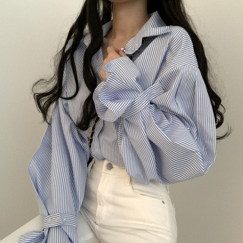 欧美跨境新款设计感宽松百搭小众灯笼袖条纹衬衫上衣女俄罗斯|undefined