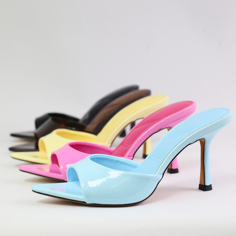 New patent leather pointed-toe high-heeled sandals for women, summer open-toe stiletto mules, fashionable commuting and outdoor wear slippers, large size shoes New patent leather pointed-toe high-heeled sandals for women, summer open-toe stiletto mules, fashionable commuting and outdoor wear slippers, large size shoes