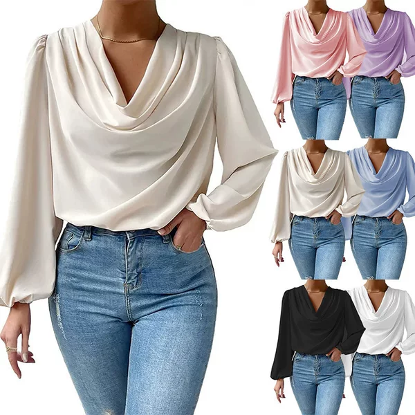 2026 Cross-Border Wish Amazon New European and American Style Chiffon Long-Sleeved Shirt Loose Draped V-Neck Top T-Shirt Women's Clothing