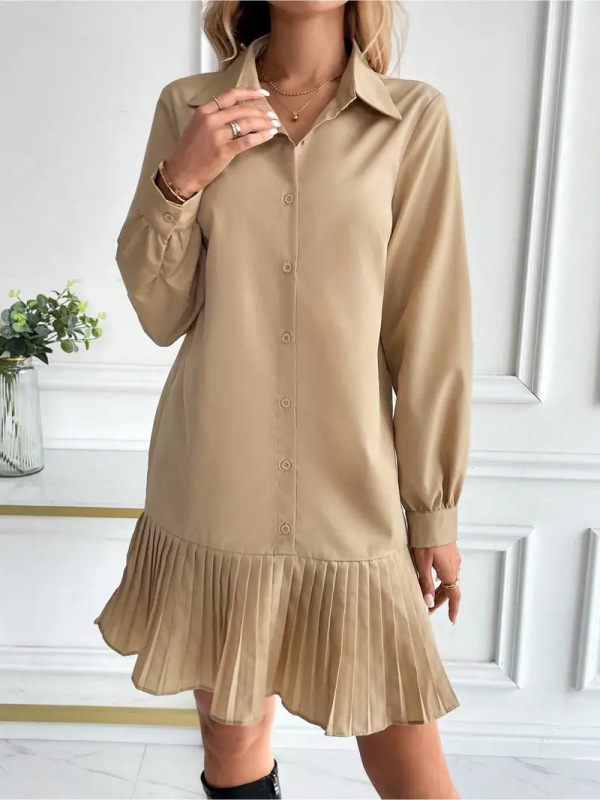 2025 秋冬対外貿易ヨーロッパとアメリカのクロスボーダー婦人服プリーツスプライシングドレスシャツ襟ツイストボタンカジュアルスカートシャツドレス|undefined
