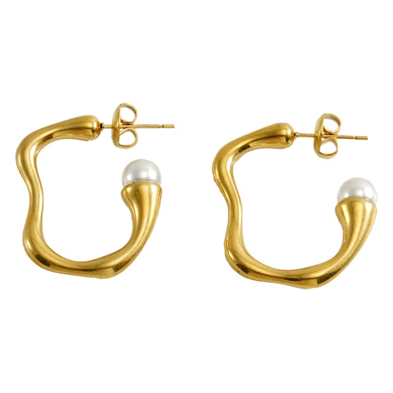 Acero inoxidable transfronterizo personalidad de moda europea y americana pendientes irregulares de titanio de acero 18k nicho sensación de diseño de perlas para mujeres