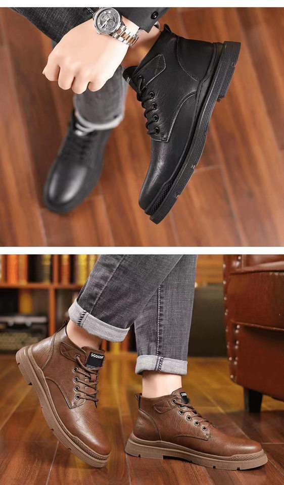 Bốt Martin nam cổ thấp dáng chiến thuật, đế cao su, dây buộc phía trước, lót lông giữ ấm — Giày một lớp màu nâu bên trong 9751, Giày đen bên trong 9751, Lót lông cừu nâu 9751, Lót lông cừu đen 9751 chi tiết 24