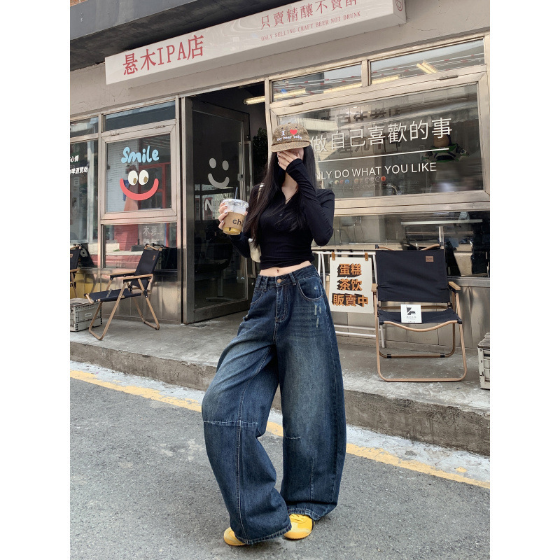 新款弯刀牛仔长裤女后袋刺绣设计感宽松复古水洗拖地阔腿裤子|undefined