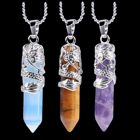 部落图腾龙形天然石吊坠项链六边形灵气子弹头水晶柱饰品情侣款
