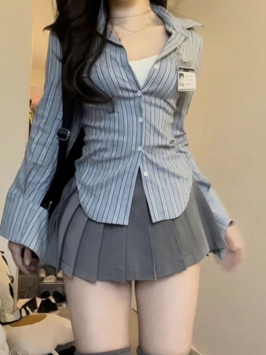 American JK uniform style waist-cinching shirt women's pure and sexy preppy style design hot girl slim-fit striped long-sleeved shirt set