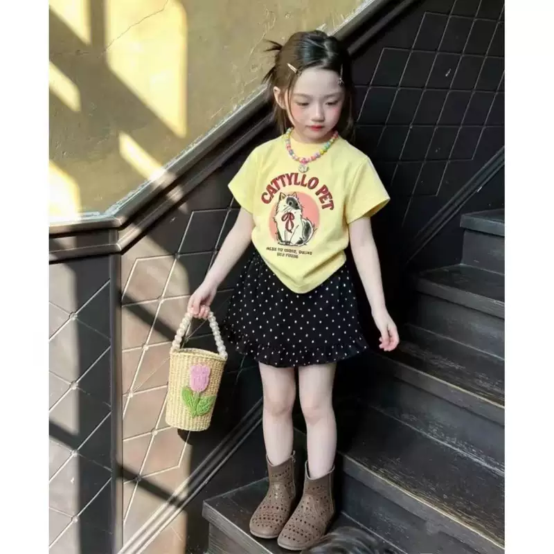 Girls' New Summer Outfit Set: Cartoon Print T-Shirt, Versatile Short-Sleeve Top, Slim-Fit Polka Dot Short Skirt, Stylish Set