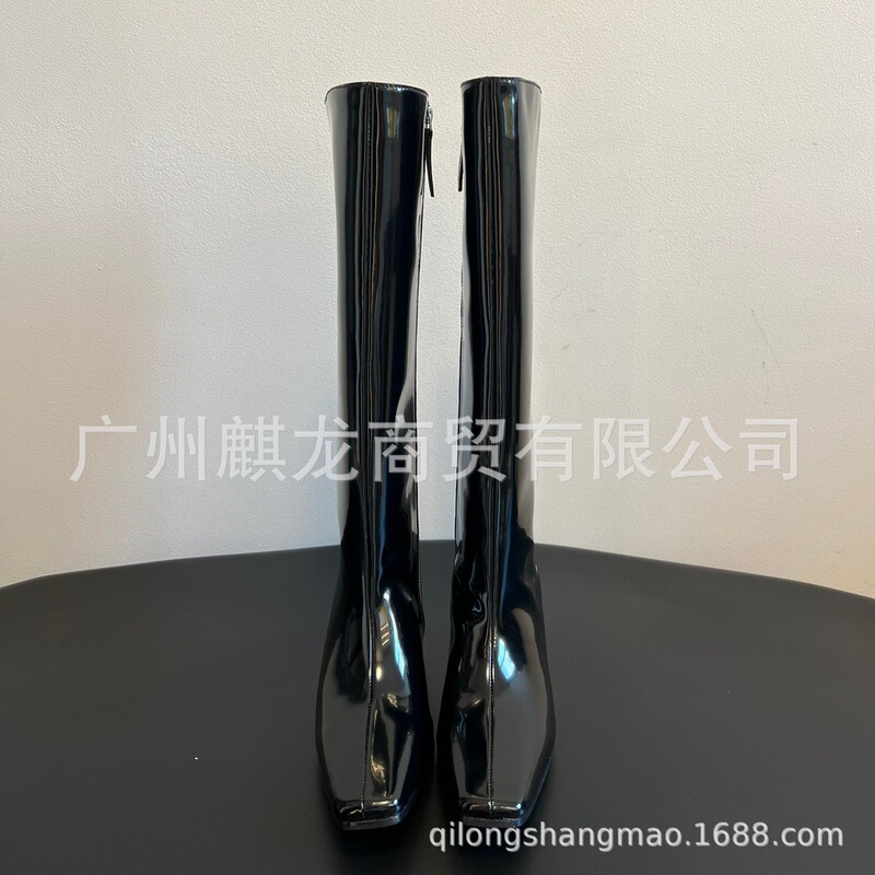 高端小众新款简约真皮方头复古高筒靴粗跟侧拉链高跟不过膝长靴女|undefined