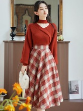 盐系气质成熟御姐套装女秋冬装新款针织毛衣格子半身裙两件套