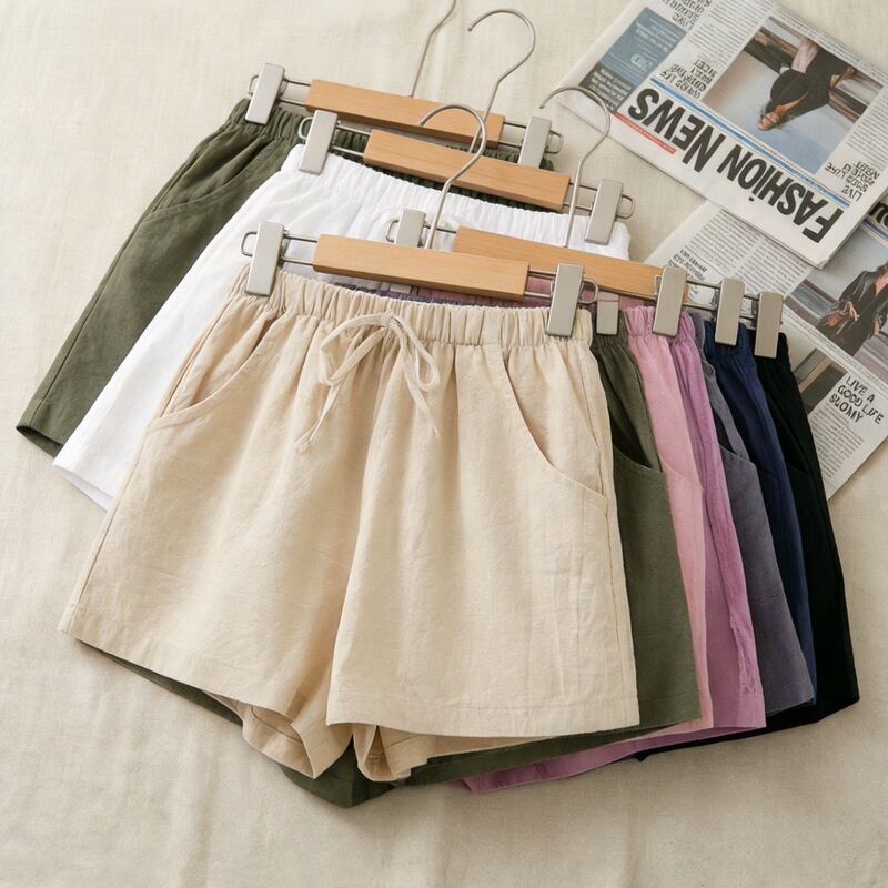 High-Waisted Cotton and Linen Shorts for Women, Summer Elastic Waist, Loose Casual Linen Slimming Korean Style Fashion Versatile Plus-Size Wide-Leg Pants