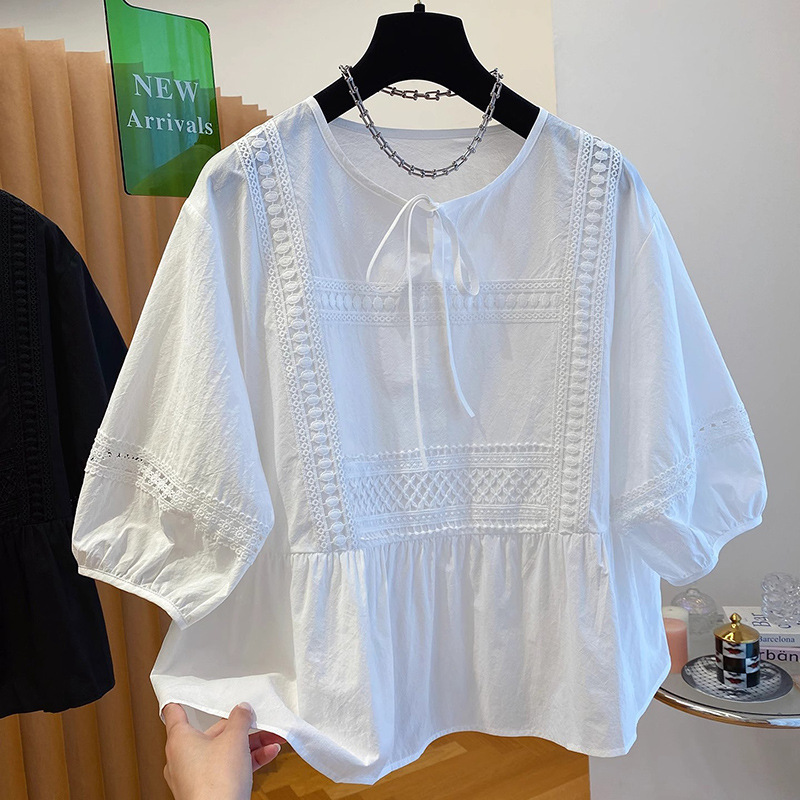 European Style 2026 Summer New High-End White Puff Sleeve T-Shirt for Women, Short-Sleeve Loose Fashionable Lace Patchwork Top European Style 2026 Summer New High-End White Puff Sleeve T-Shirt for Women, Short-Sleeve Loose Fashionable Lace Patchwork Top