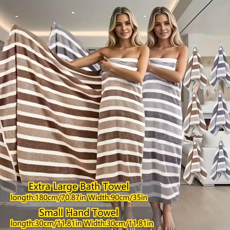 Cross-Border Coral Velvet Striped Bath Towel, Absorbent and Quick-Drying, Household Beach Towel, Extra Large and Super Absorbent