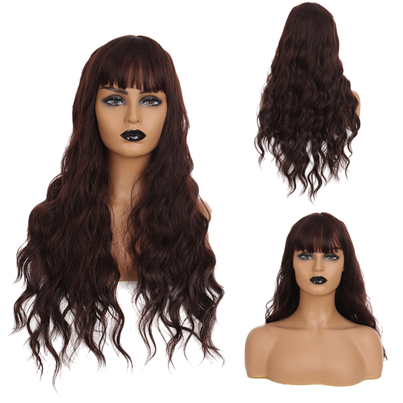 Foreign trade best-selling pink long curly hair wig with bangs matte high temperature wire full head cover factory spot Foreign trade best-selling pink long curly hair wig with bangs matte high temperature wire full head cover factory spot