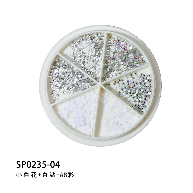 Decoraciones de uñas de moda, pequeñas flores blancas de diferentes tamaños, flores blancas tridimensionales de cinco pétalos, pequeñas cuentas de acero, diamantes de imitación de resina para uñas