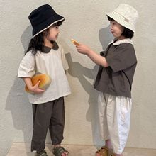 韩国女童夏装套装娃娃领儿童撞色纯棉2023新款宝宝休闲短袖两件套