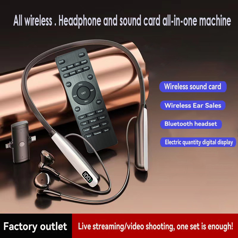 Cross-border English version of live broadcast sound card headset all-in-one wireless microphone neck-hanging bluetooth accompaniment karaoke noise reduction