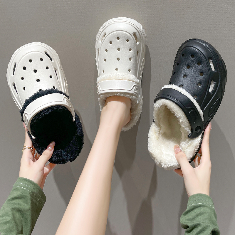 Thick-Soled Croc Shoes Winter Velvet Women's Fashionable Outerwear Removable Cotton Slippers Warm Anti-Slip Nurse Sandals