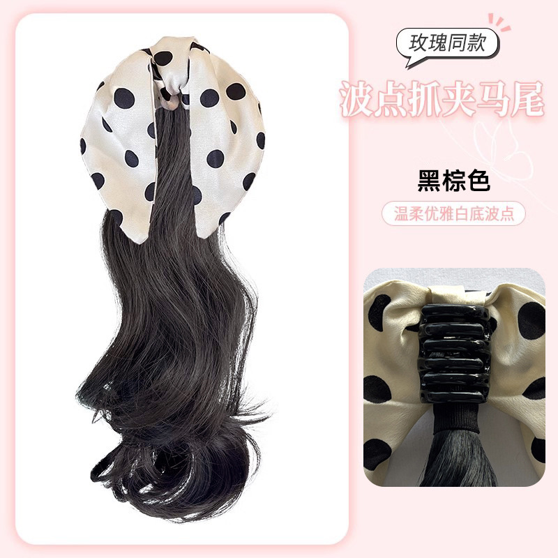 미색 폴카 도트 보우 클립 스타일: 블랙 브라운 포니테일