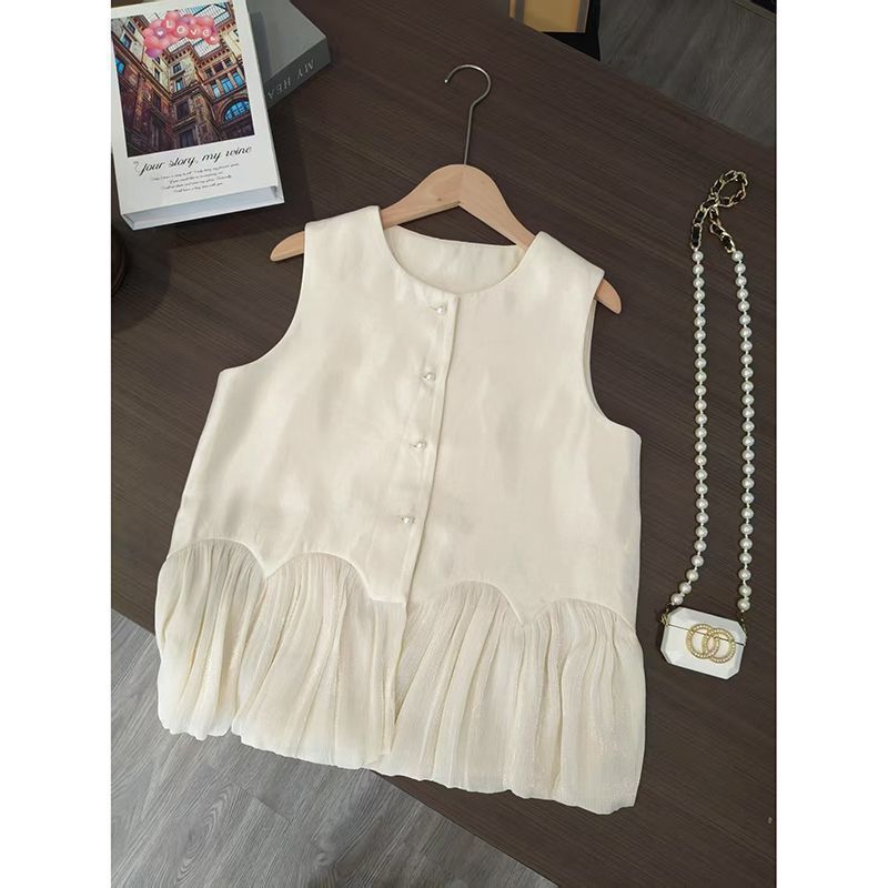 French Ruffle Stitching Pearlescent Satin Vest for Women 2025 Summer New Niche Chic Fashion Sleeveless Vest