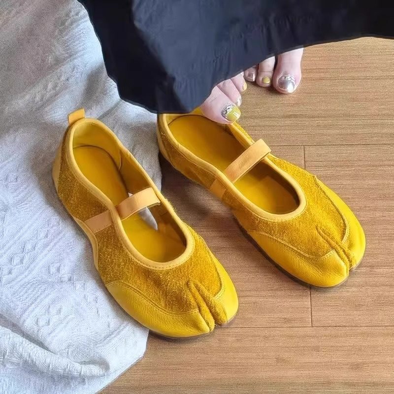 Sheepskin~Korean-Style Niche Casual Classic Split-Toe Pig's Hoof Shoes, Retro Single-Strap Color-Blocked Suede High-End Shoes