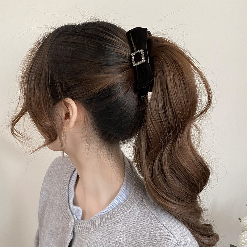 髪の量が少ない女性向けフレンチベルベットリボンダイヤモンドバナナクリップ、ハイポニーテール、縦ツイストクリップ、横クリップヘアピン|undefined