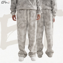 ETAI男装|重磅做旧风直筒卫裤2024秋冬款高品质宽松阔腿抓绒卫裤