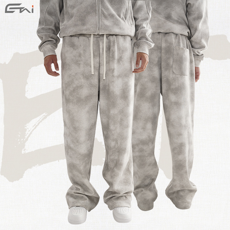 ETAI男装|重磅做旧风直筒卫裤2024秋冬款高品质宽松阔腿抓绒卫裤