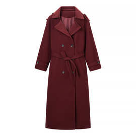 亚马逊批发冬季新款女装百搭纯色翻领双排扣配腰带毛呢大衣外套