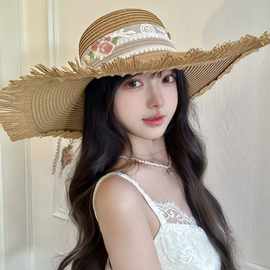 绣花蕾丝草帽女夏季草编大沿防晒帽出游遮阳帽沙滩帽时尚大帽檐
