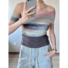 辣妹性感网纱撞色一字肩短袖T恤女夏季露肩修身显瘦百搭短款上衣