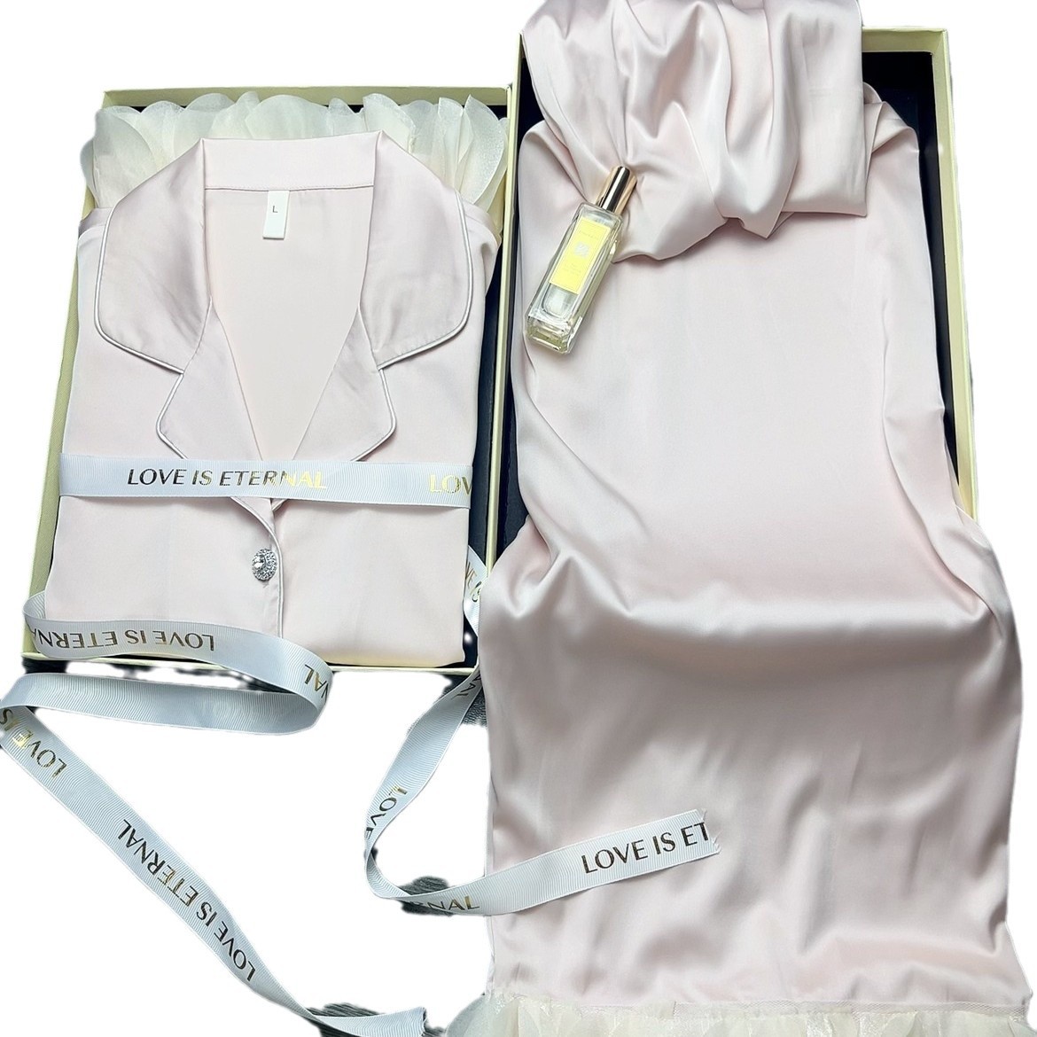 2025 봄, 가을 여성을위한 새로운 프랑스 얼음 실크 잠옷 달콤한 공주 스타일-긴팔 바지 얇은 홈웨어 세트