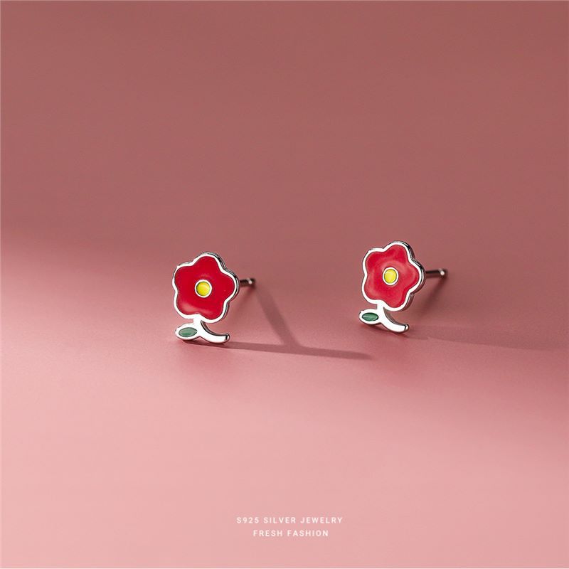 Boucles d'oreilles puces fleurs rouges en argent sterling_voghion.com