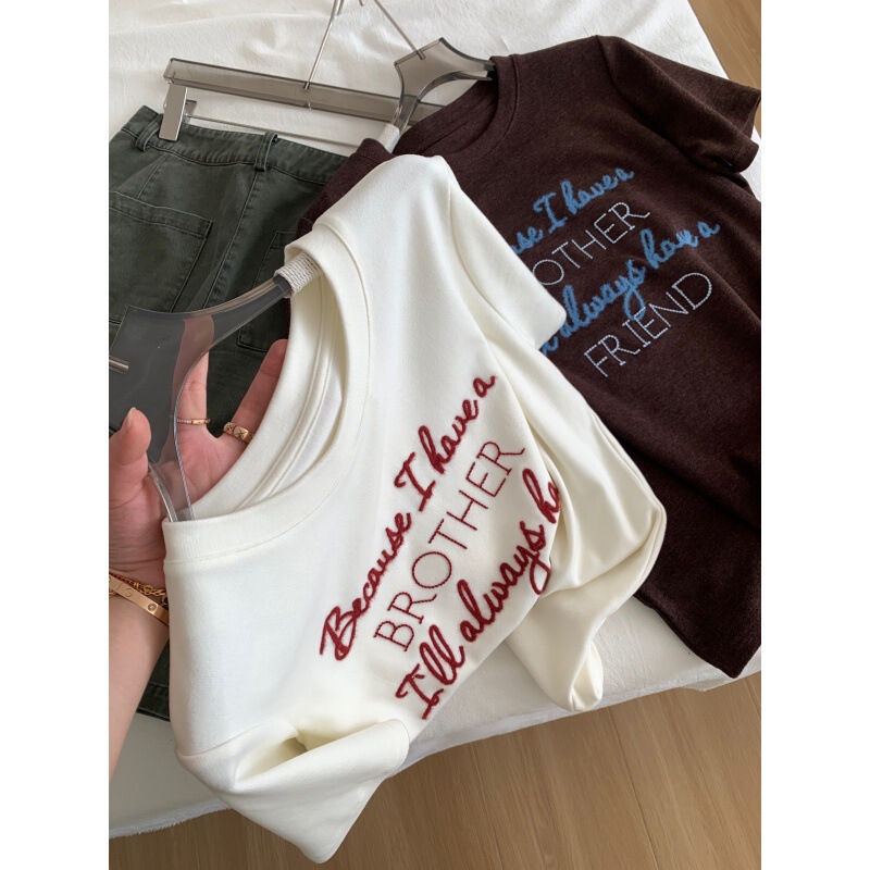 Korean-Style Dongdaemun Spring and Summer Letter Embroidery Brushed Short-Sleeve T-Shirt for Women, Slim Fit, Versatile, Regular Shoulder Top, Base T-Shirt