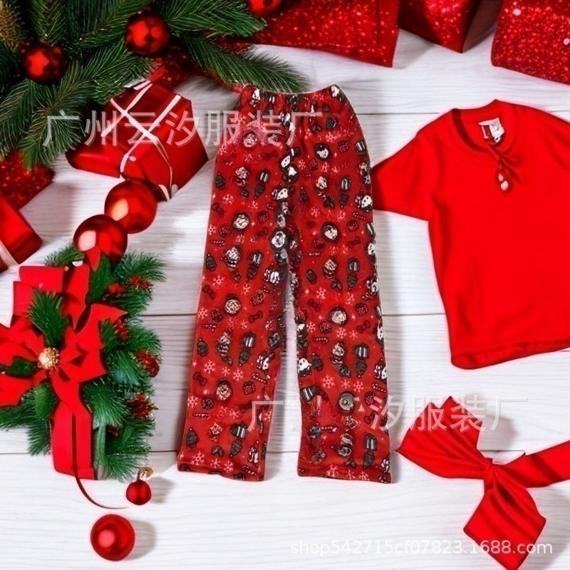 Comercio exterior Año Nuevo Navidad dibujos animados KT gato pijama pantalones gruesos de las mujeres Otoño e Invierno Polar forrado cálido casual casa pantalones de franela