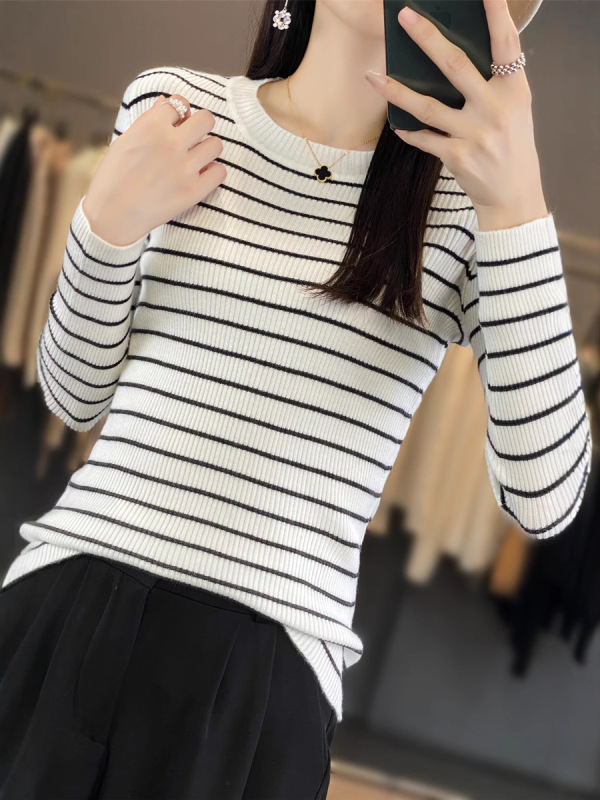 秋冬新款条纹针织衫女秋安迪绒洋气修身显瘦上衣内搭毛衣打底衫|undefined