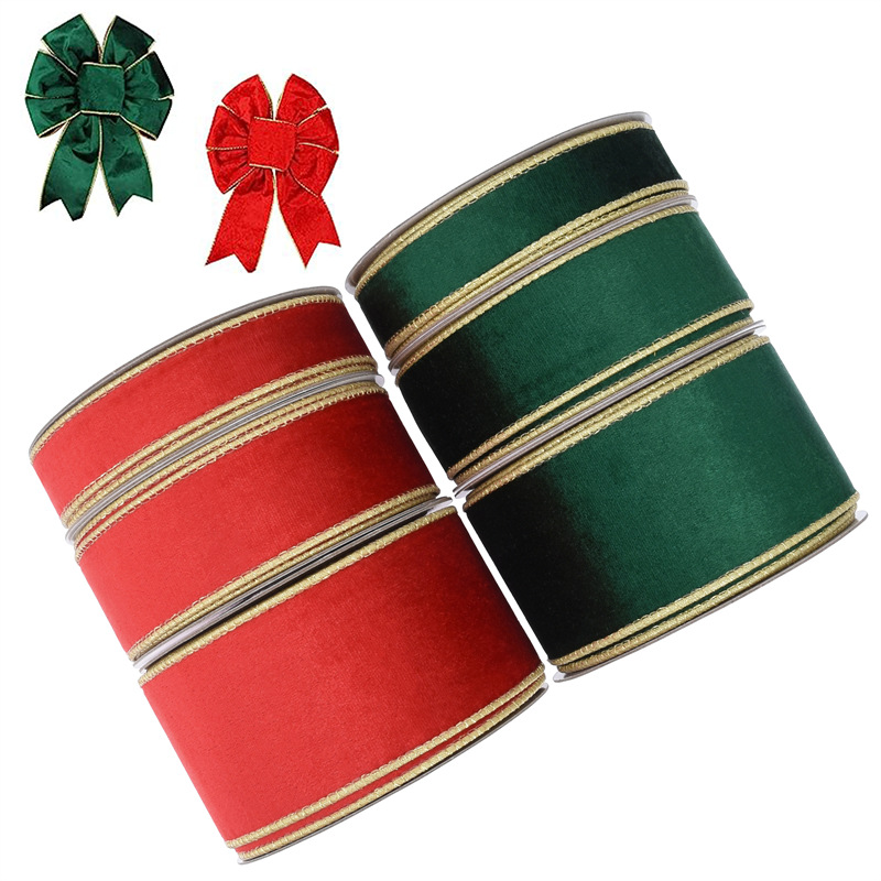 Transfronterizos clásicos rojos y verdes bordes de cinta de terciopelo decoración de árbol de Navidad dibujo cinta de arco de regalo cinta de terciopelo