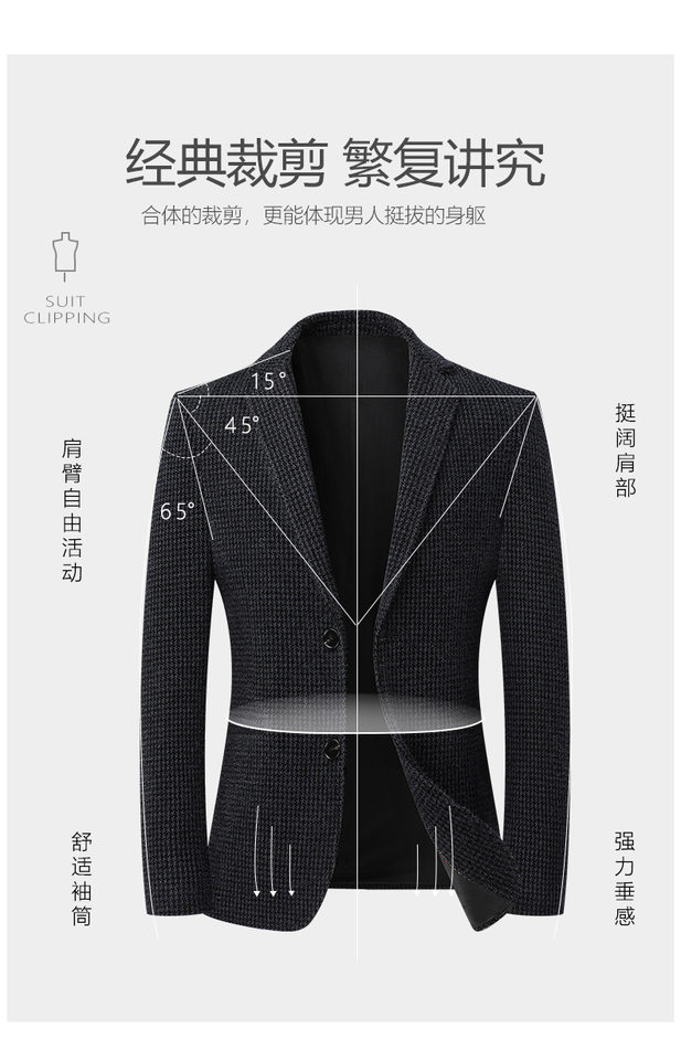 Áo vest nam dáng ôm họa tiết chữ nhật nhỏ, vải co giãn dày, không cần ủi, tay dài — Ca rô Houndstooth xám nhạt, Ca rô Houndstooth Đen Xám chi tiết 3