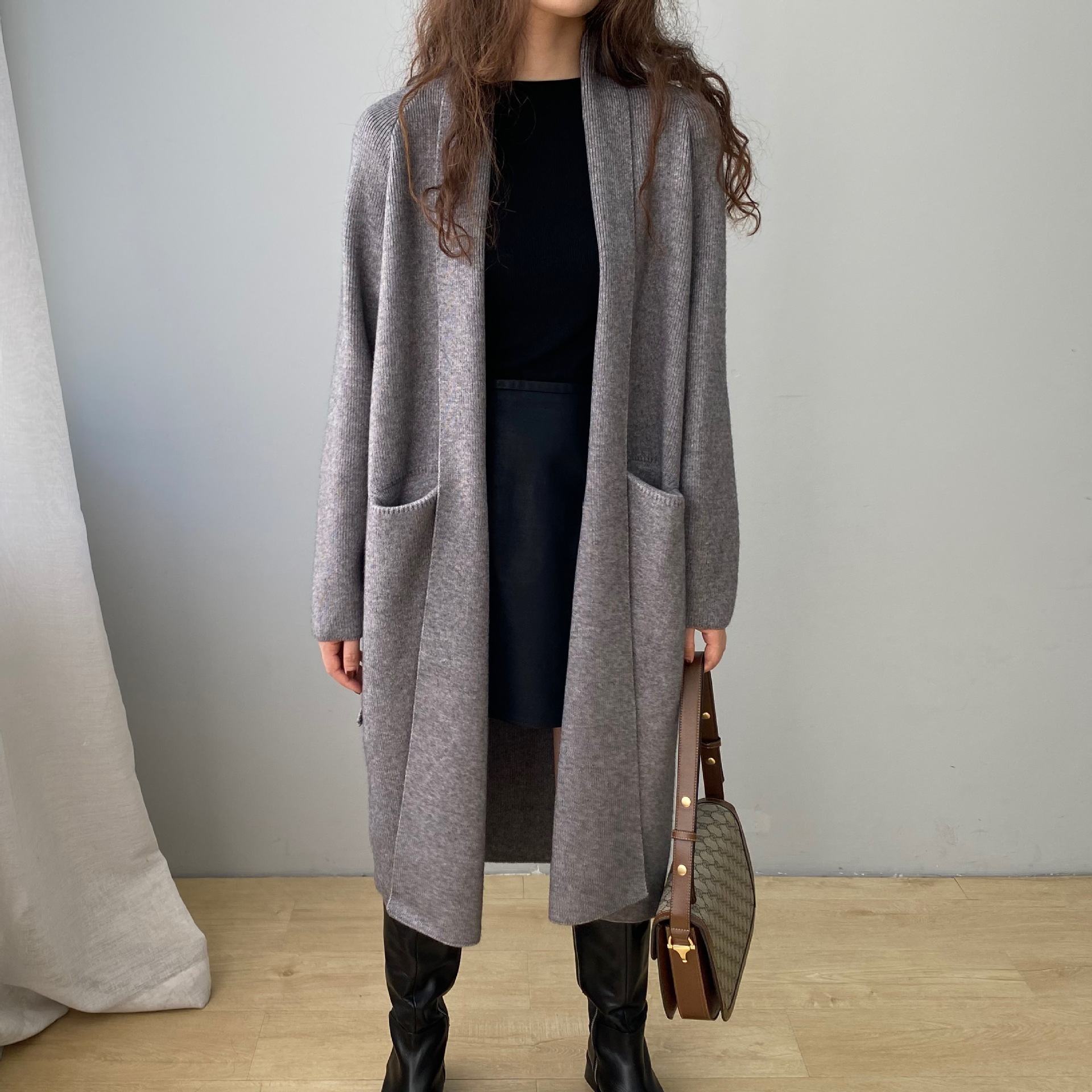 (2개) JIA ZHI?게으른 스타일 루즈 코트 라펠 통근 가디건 코트 솔리드 컬러 롱 아우터 스웨터 B7237