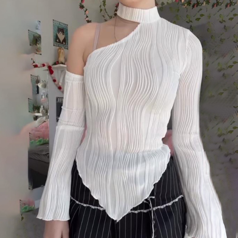 Slim Fit Type Style Spring New Women's Clothing Strip Sexy Street Fashion Long Sleeve Diagonal Collar Halterneck T-shirt Women
