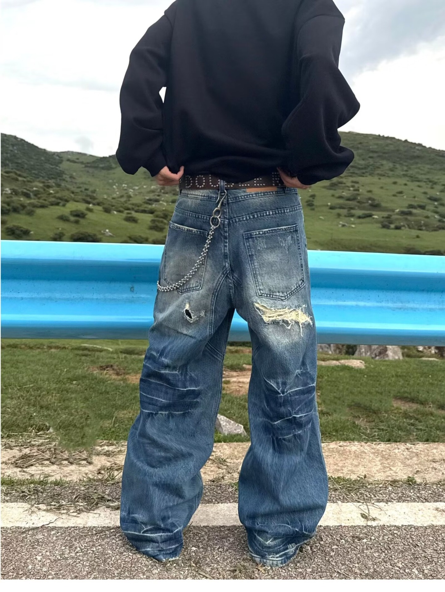Men's Clothing Straight Leg Distressed Patched Denim Jeans Casual Edgy Loose Fit High Street Trendy Style_mkmklike.com