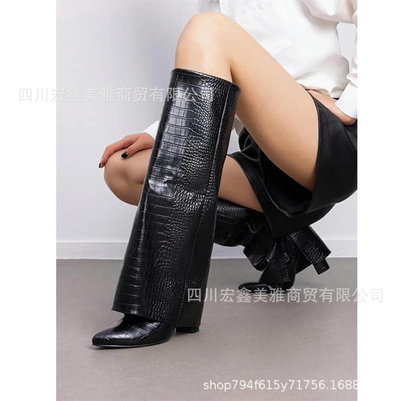 外贸女鞋新款尖头大筒围直筒裙子靴中长筒靴子大码粗跟裤管靴女|undefined