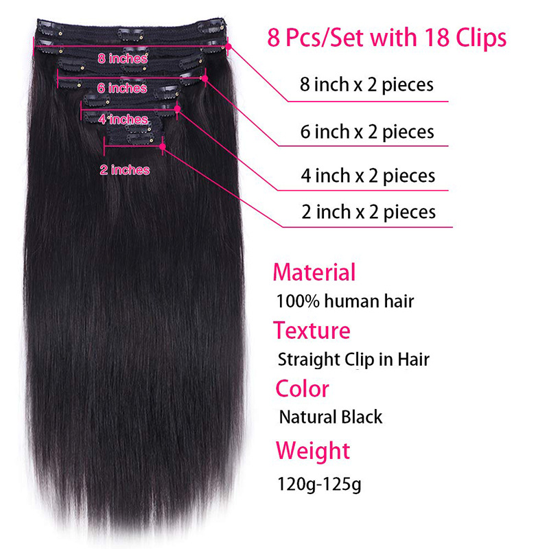 En stock Perruque européenne et américaine en vrais cheveux Clip cheveux Ensemble de 8 pièces Extension de cheveux Clip dans les cheveux Cheveux transfrontaliers en vrais cheveux raides_voghion.com