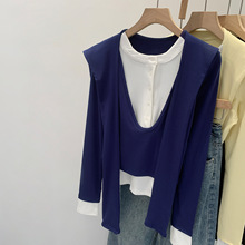 韩系设计感假两件长袖T恤女装韩版2025早秋季新款披肩系带打底衫