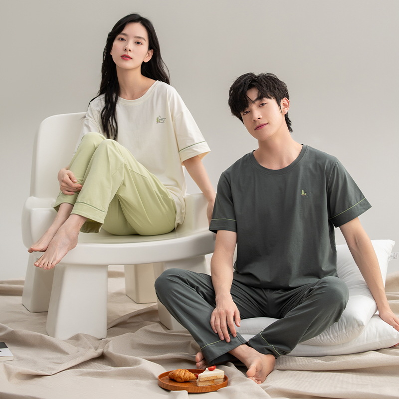 [Antibacteriano] pijama hombre de verano de mangas cortas de algodón pareja conjunto de mujeres casuales de color sólido de alta calidad ropa para el hogar