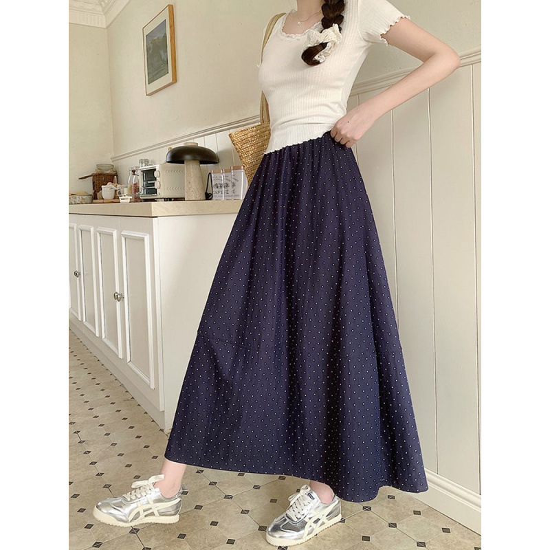 White Polka Dot Skirt, Plus Size Fat mm Slimming Look High Waist Splicing A-Line Skirt, Pear-Shaped Figure Covering the Crotch and Elegant Long Skirt