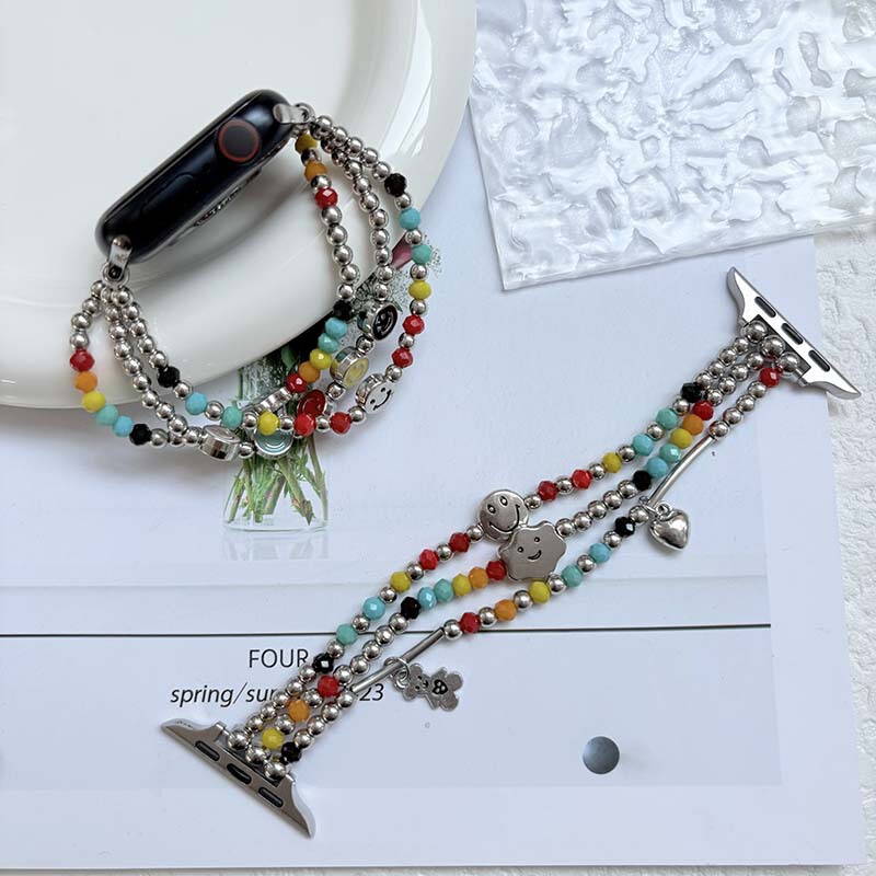 Suitable for Apple S10 Xiaomi 10 Watch Strap, Beaded Heart Bear Colorful Smiley Face Colorful Watch Fit4 Huawei