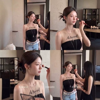 独特别致辣妹粉色拼接网纱吊带背心女美背一体带胸垫褶皱收腰上衣
