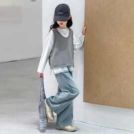 女童春秋装儿童时髦韩版条纹打底衫女孩牛仔马甲阔腿裤炸街三件套